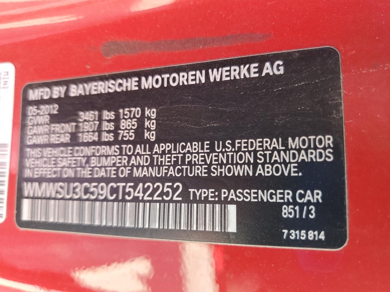 WMWSU3C59CT542252 2012 Mini Cooper