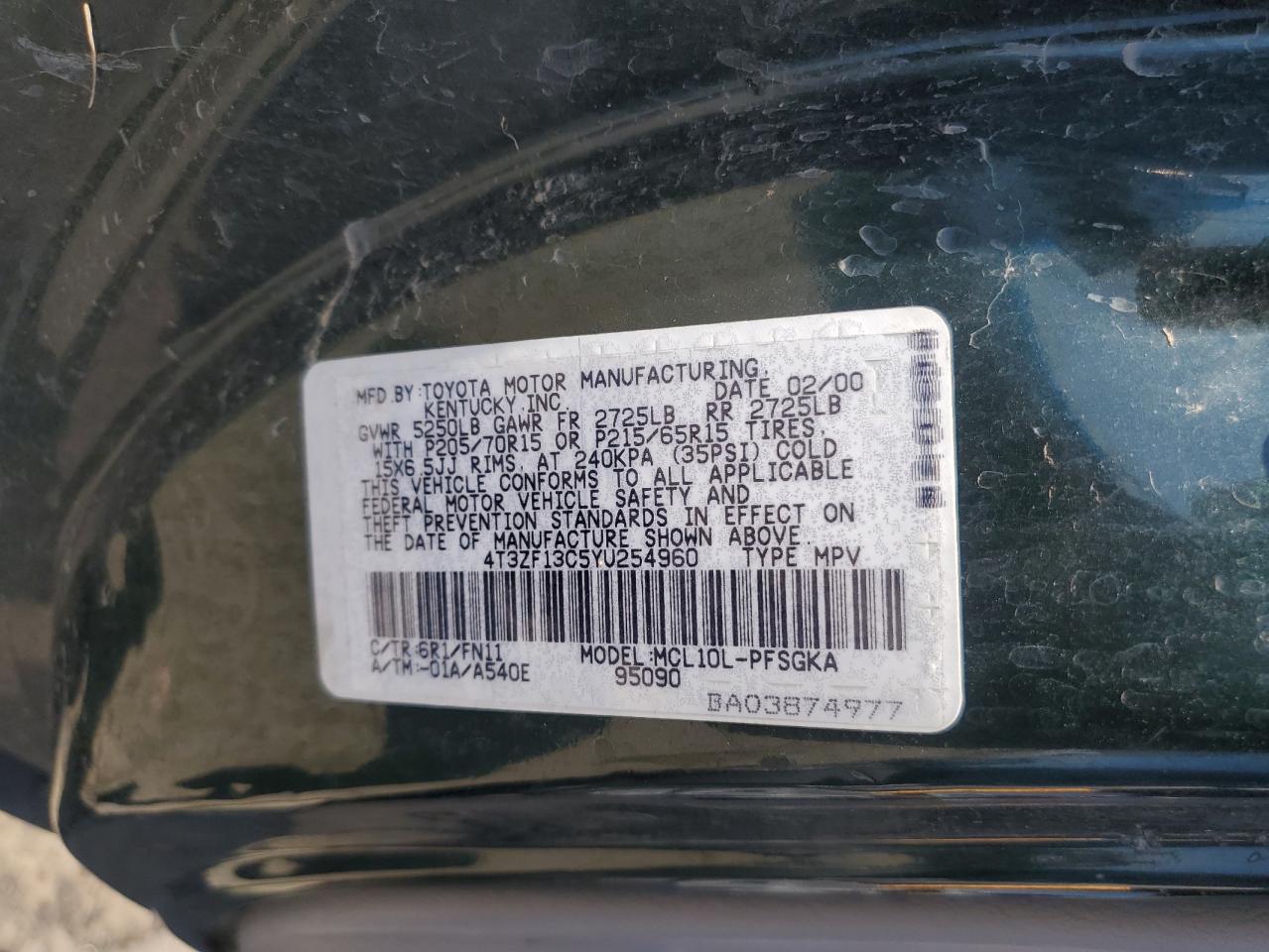 2000 Toyota Sienna Le VIN: 4T3ZF13C5YU254960 Lot: 65047625