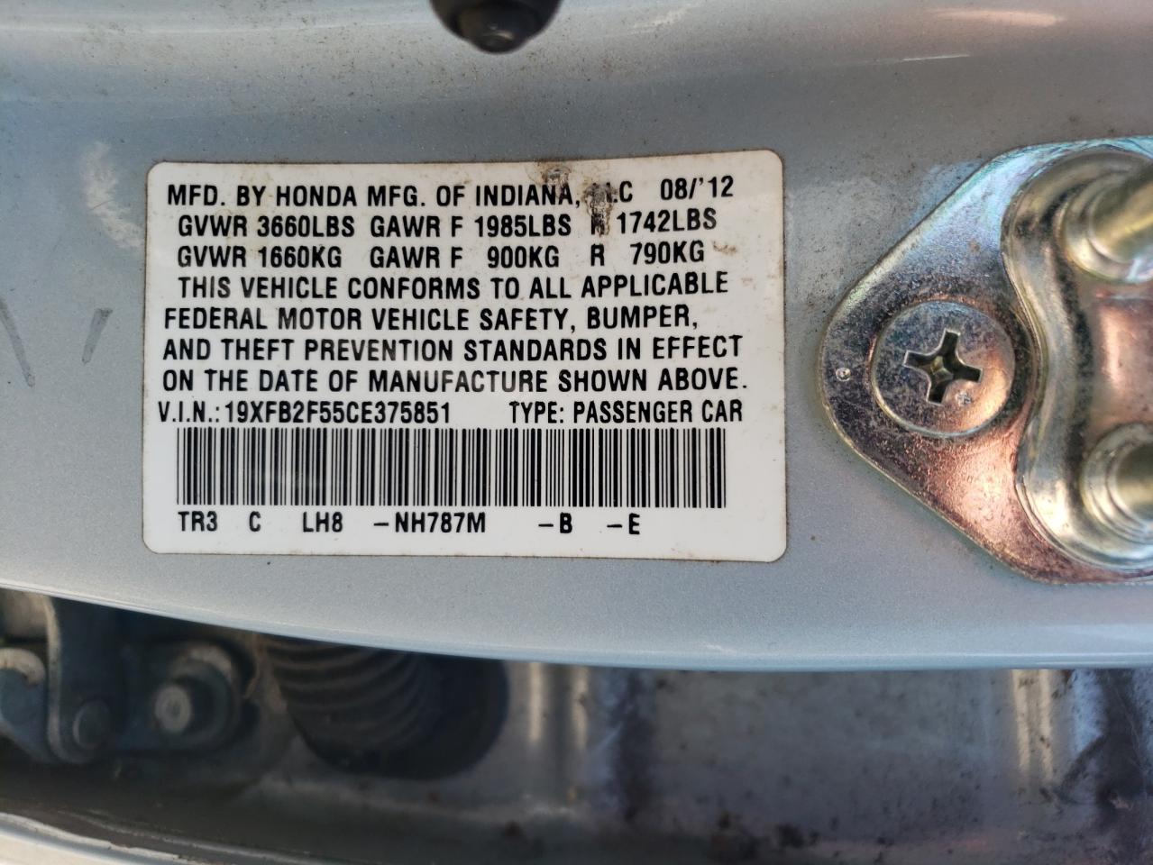 2012 Honda Civic Lx VIN: 19XFB2F55CE375851 Lot: 64820005