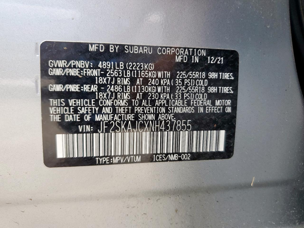 2022 Subaru Forester Sport VIN: JF2SKAJCXNH437855 Lot: 64686295