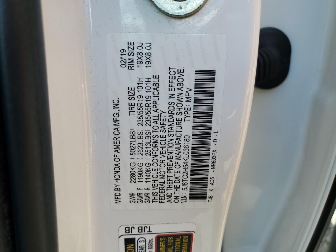 2019 Acura Rdx Technology VIN: 5J8TC2H54KL036180 Lot: 65938785