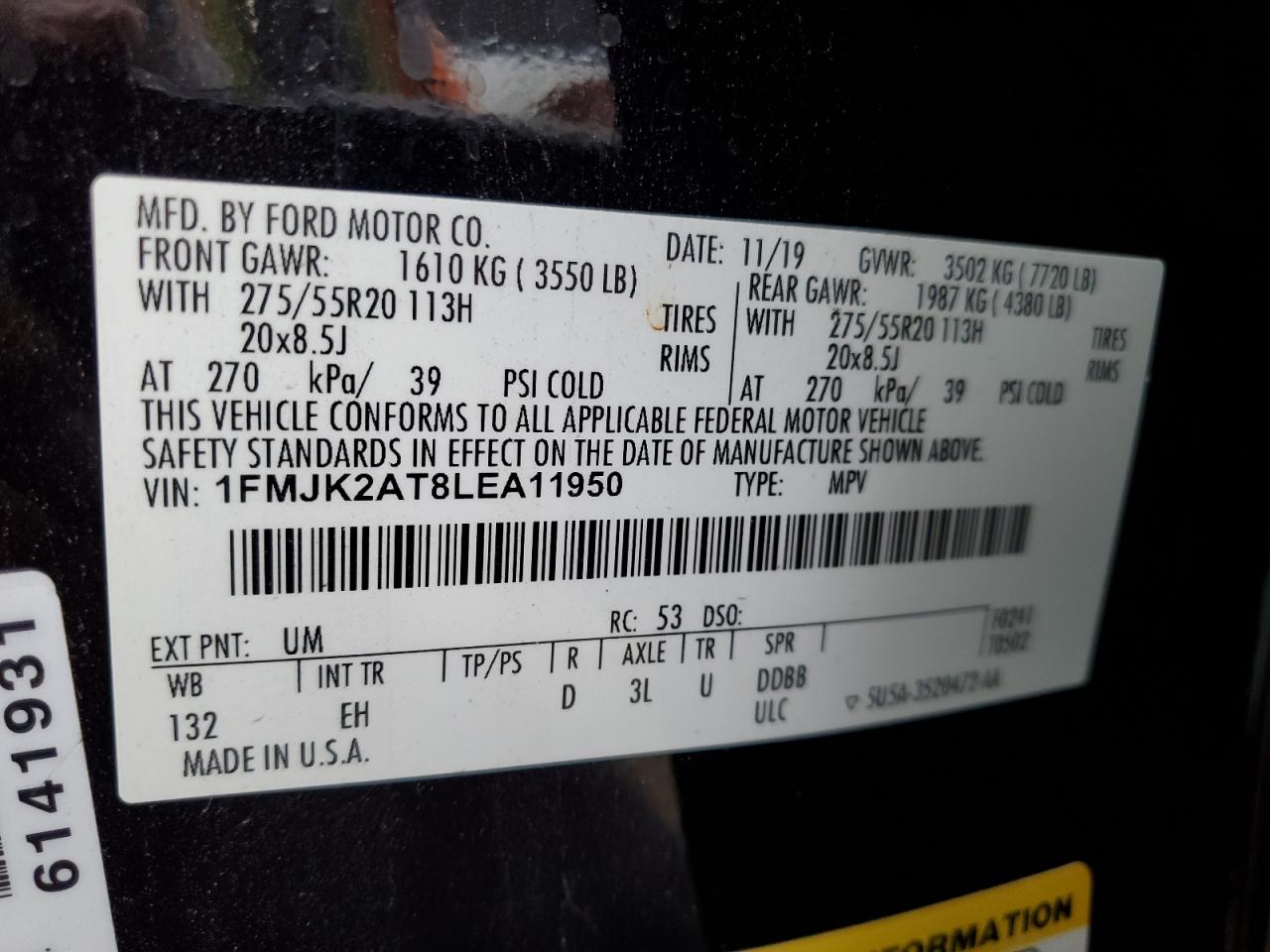2020 Ford Expedition Max Limited VIN: 1FMJK2AT8LEA11950 Lot: 65082475