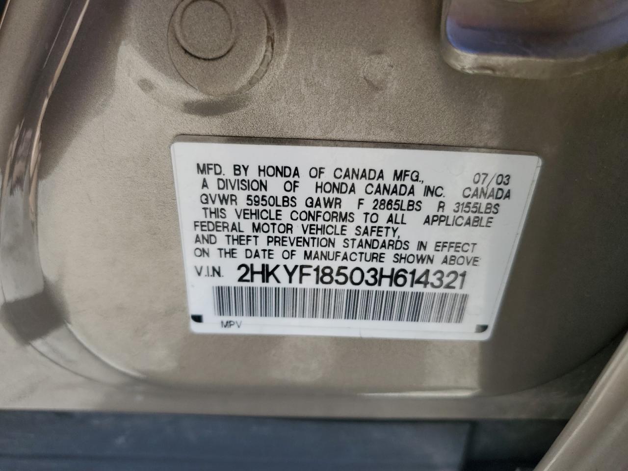 2003 Honda Pilot Exl VIN: 2HKYF18503H614321 Lot: 64324245