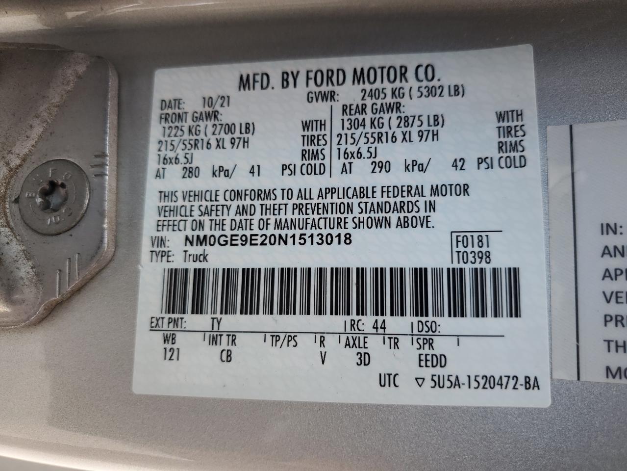 2022 Ford Transit Connect Xl VIN: NM0GE9E20N1513018 Lot: 63522475