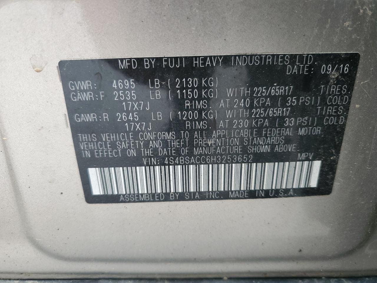 2017 Subaru Outback 2.5I Premium VIN: 4S4BSACC6H3253652 Lot: 64040265