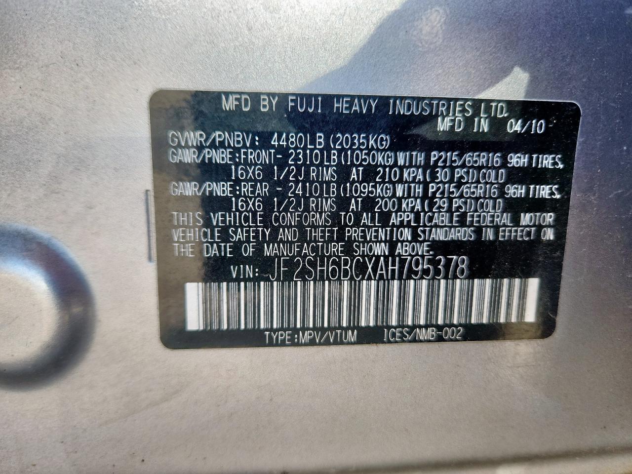 2010 Subaru Forester Xs VIN: JF2SH6BCXAH795378 Lot: 63435645