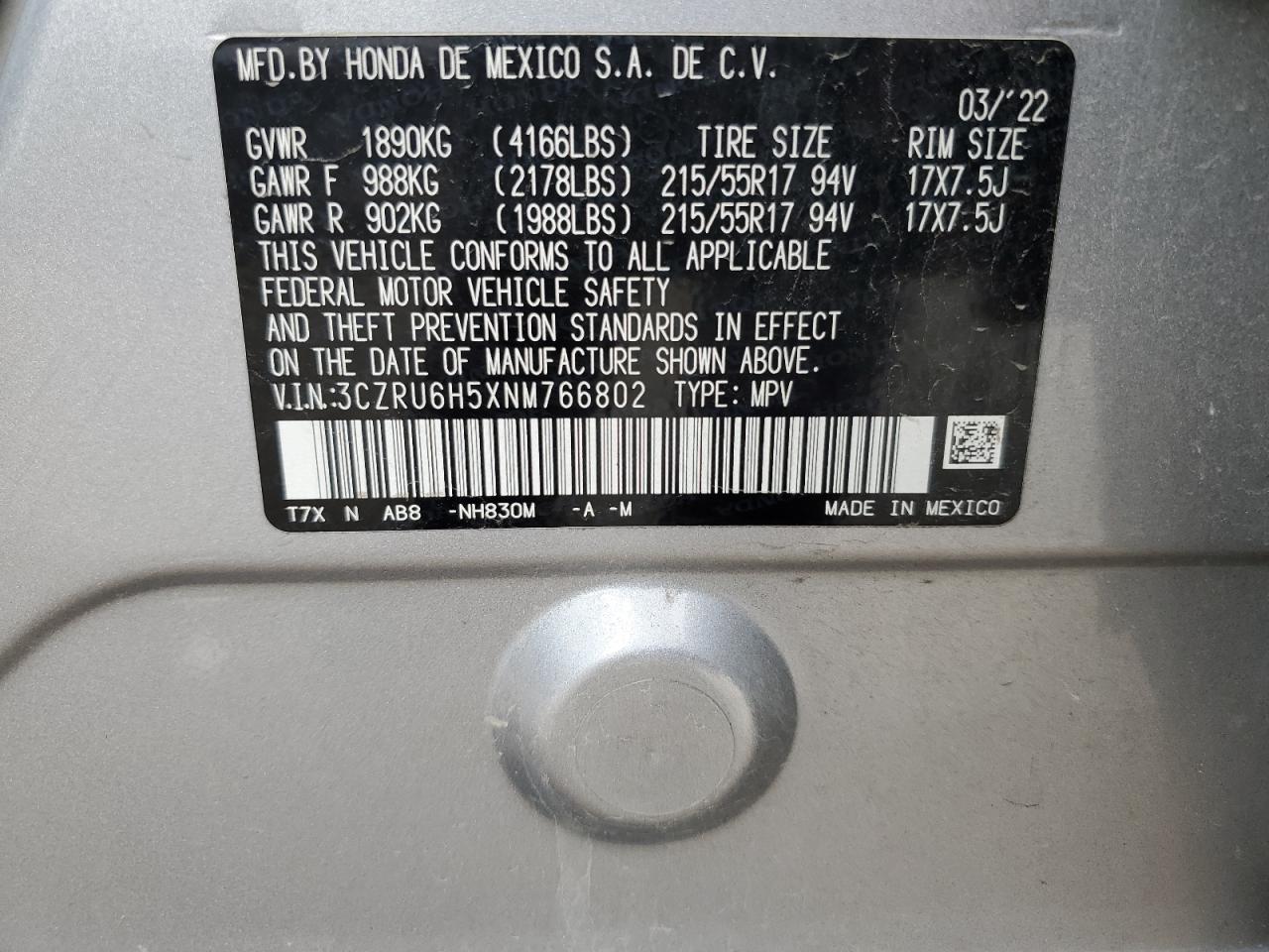 2022 Honda Hr-V Ex VIN: 3CZRU6H5XNM766802 Lot: 64687335