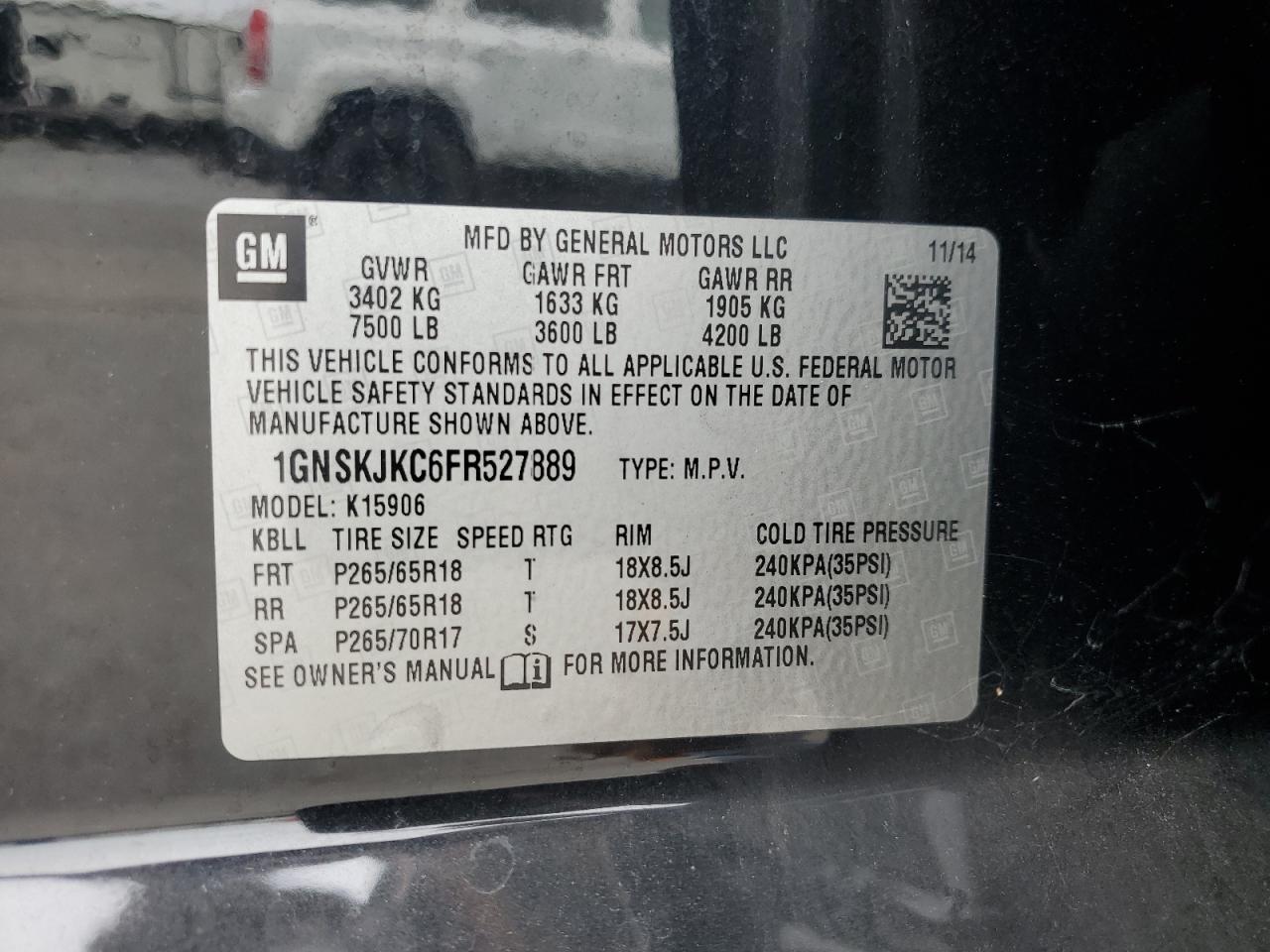2015 Chevrolet Suburban K1500 Lt VIN: 1GNSKJKC6FR527889 Lot: 64877775