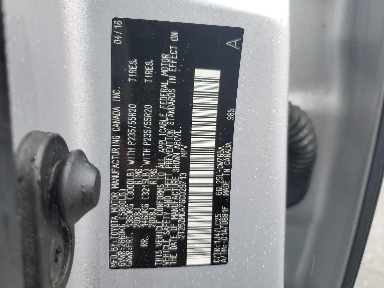 2016 Lexus Rx 350 Base VIN: 2T2BZMCA7GC029713 Lot: 63742885