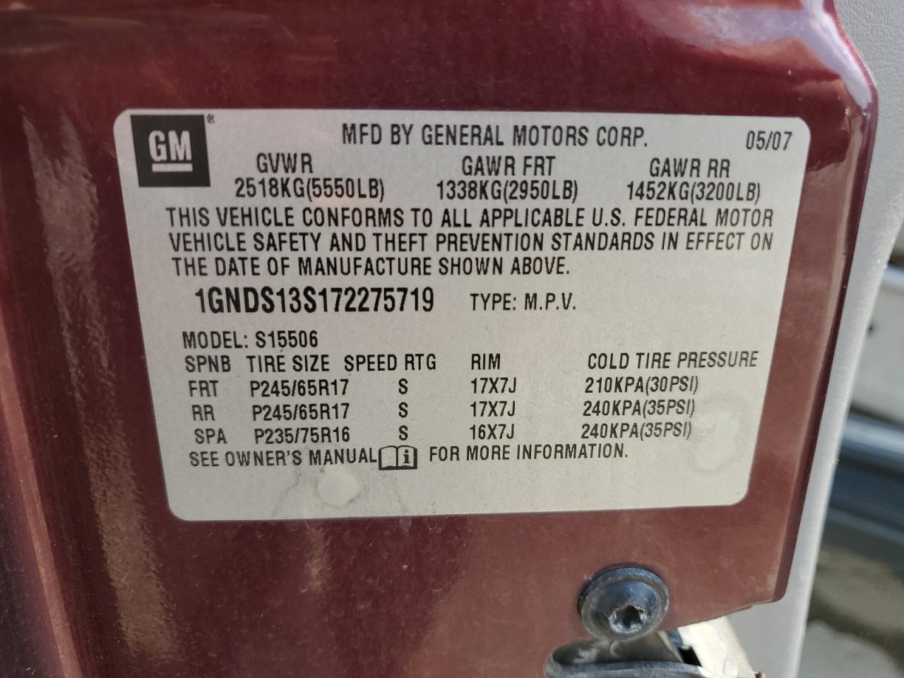 2007 Chevrolet Trailblazer Ls VIN: 1GNDS13S172275719 Lot: 65008605