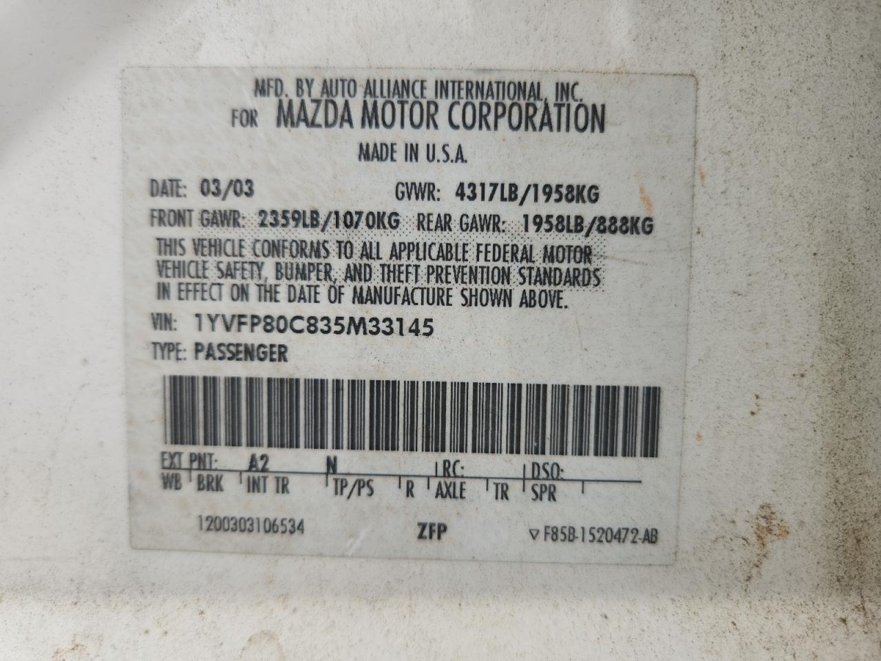 2003 Mazda 6 I VIN: 1YVFP80C835M33145 Lot: 63490665