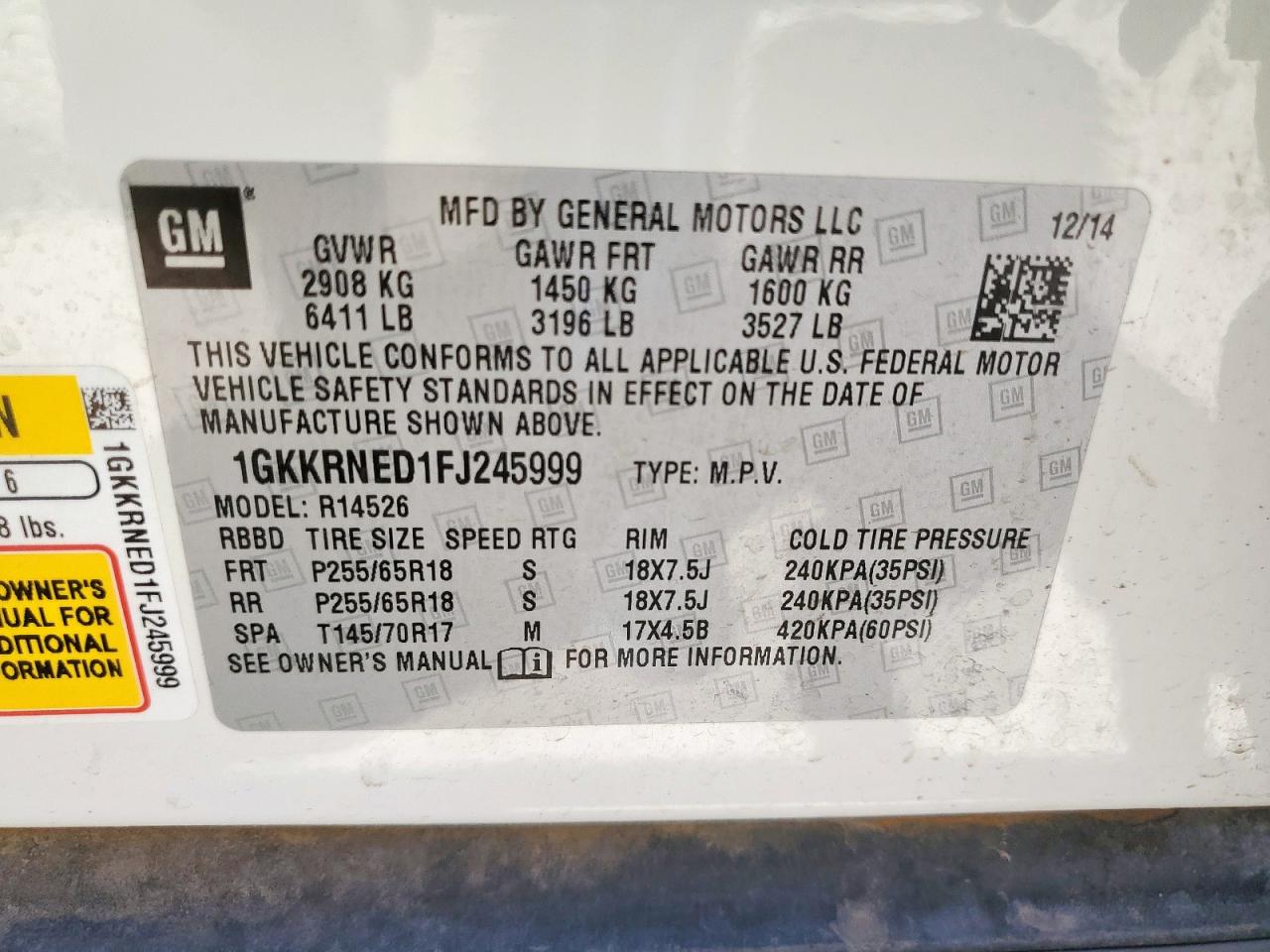 2015 GMC Acadia Sle VIN: 1GKKRNED1FJ245999 Lot: 66950035