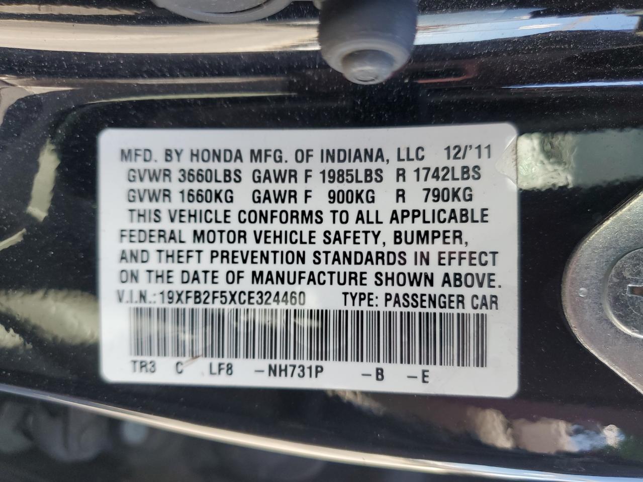 2012 Honda Civic Lx VIN: 19XFB2F5XCE324460 Lot: 64415865