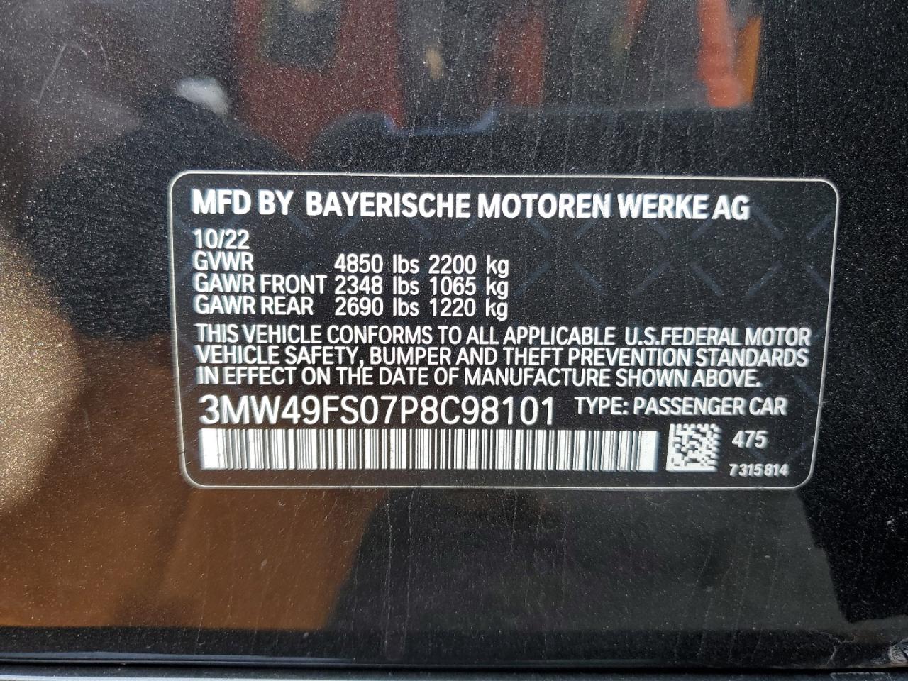 2023 BMW M340I VIN: 3MW49FS07P8C98101 Lot: 65228625
