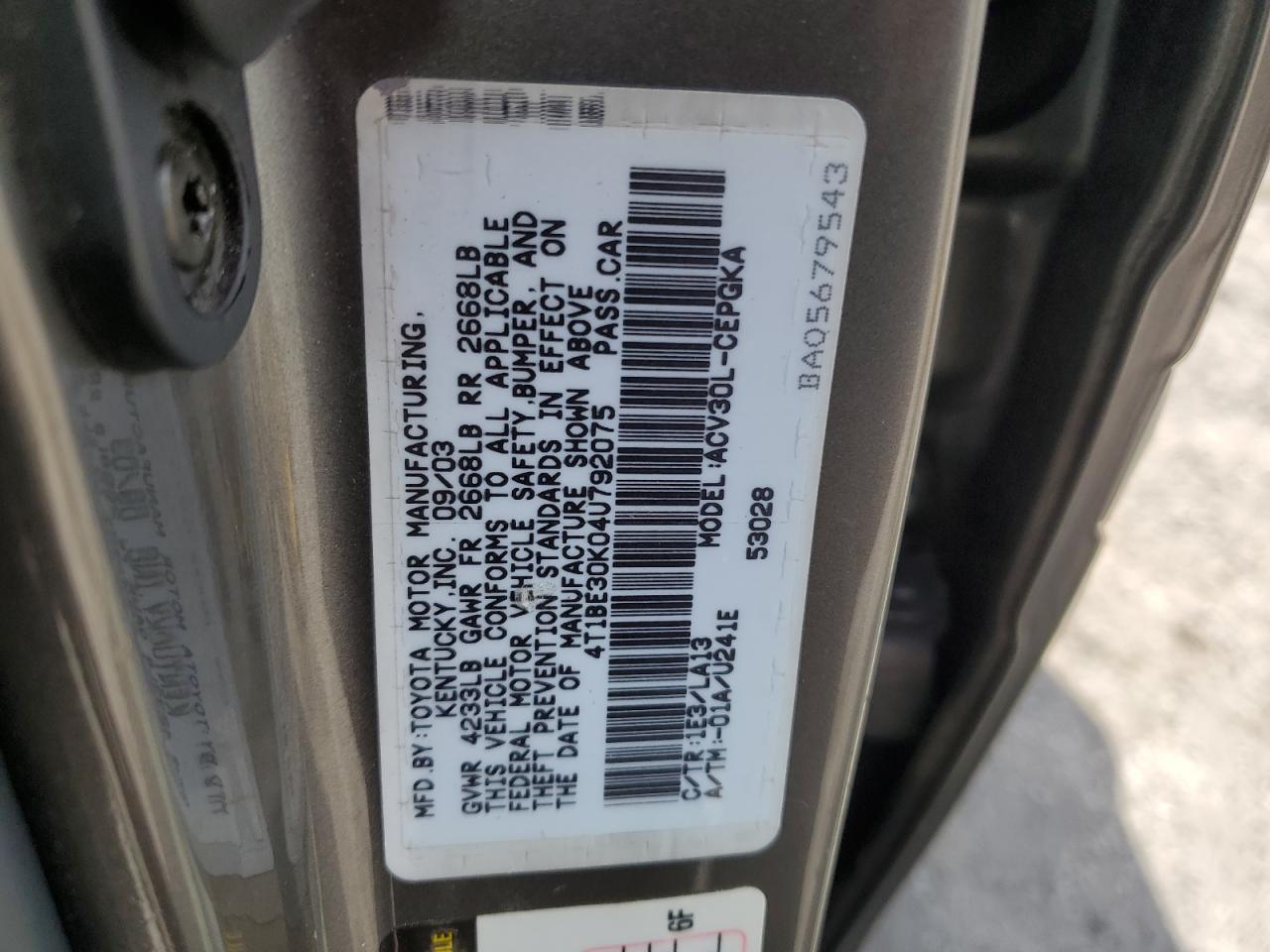 2004 Toyota Camry Le VIN: 4T1BE30K04U792075 Lot: 63822785