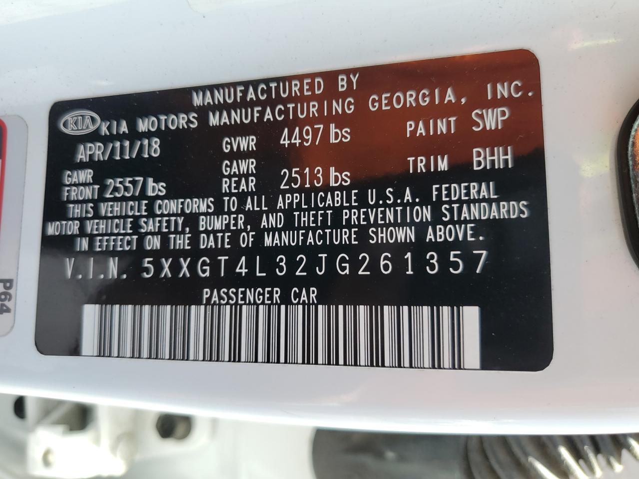 2018 Kia Optima Lx VIN: 5XXGT4L32JG261357 Lot: 64586425