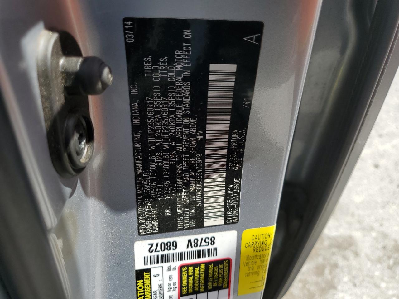 2014 Toyota Sienna Xle VIN: 5TDYK3DC3ES473978 Lot: 64891185
