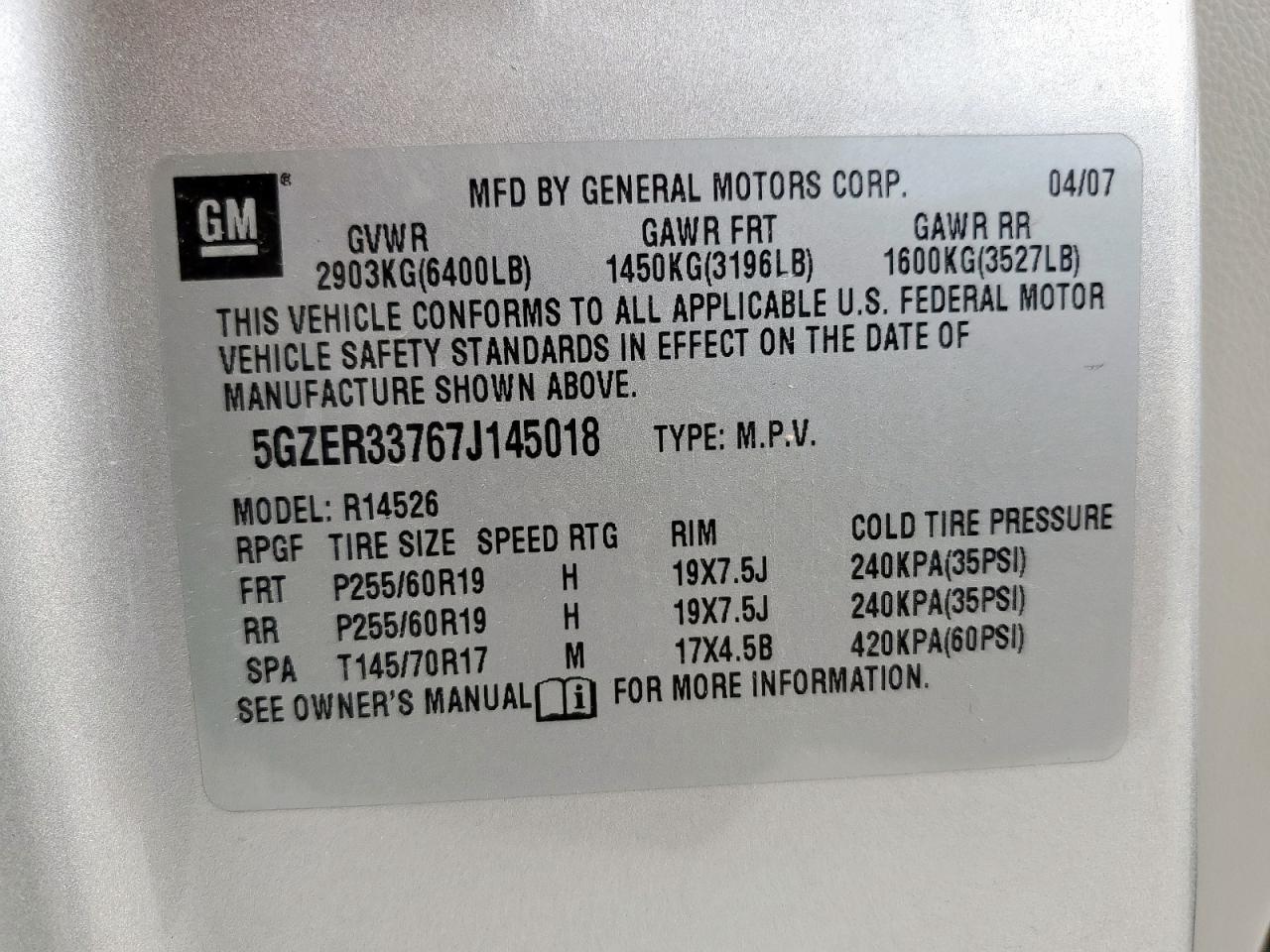 2007 Saturn Outlook Special VIN: 5GZER33767J145018 Lot: 63246325
