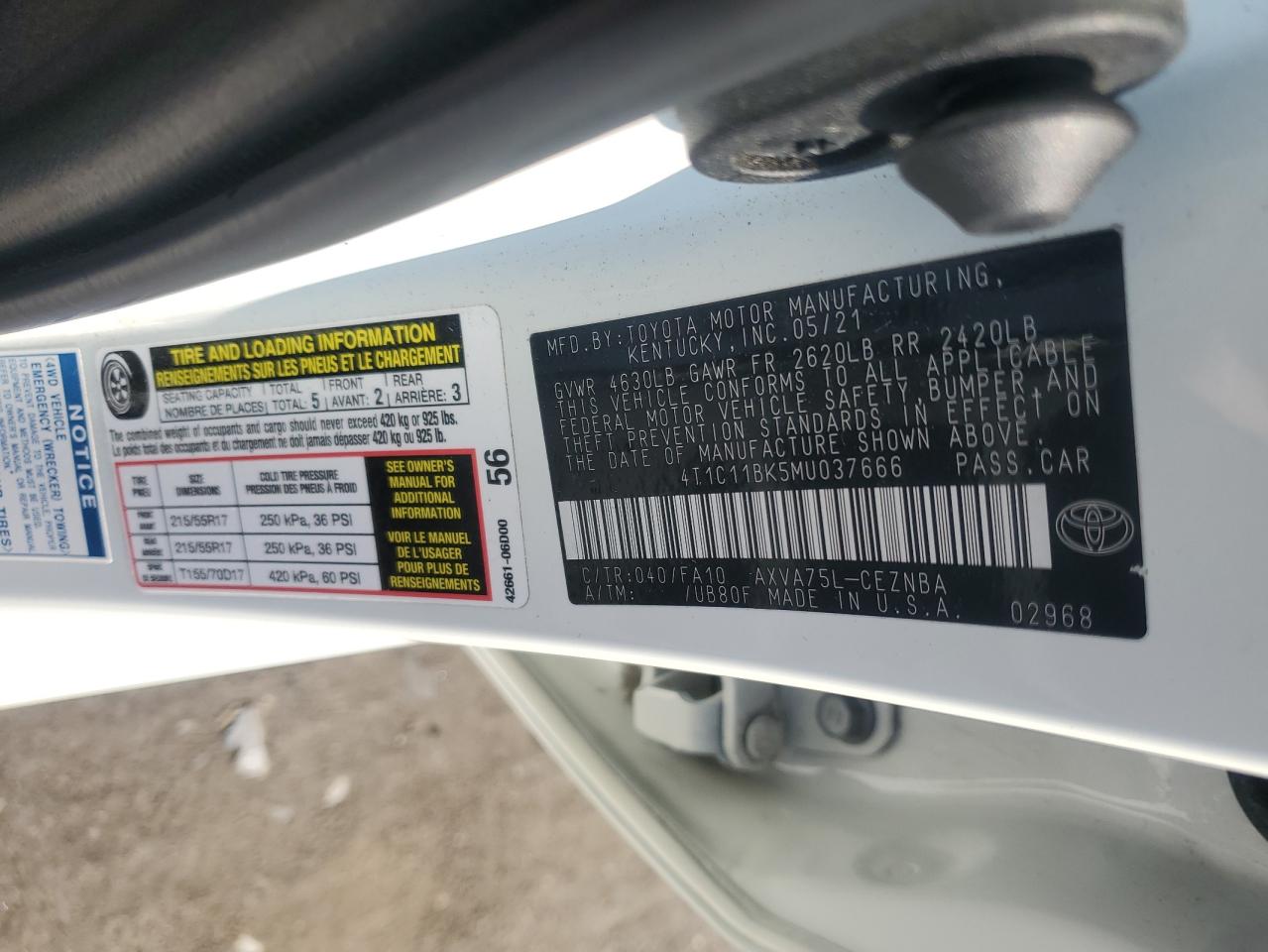 2021 Toyota Camry Le VIN: 4T1C11BK5MU037666 Lot: 65206165