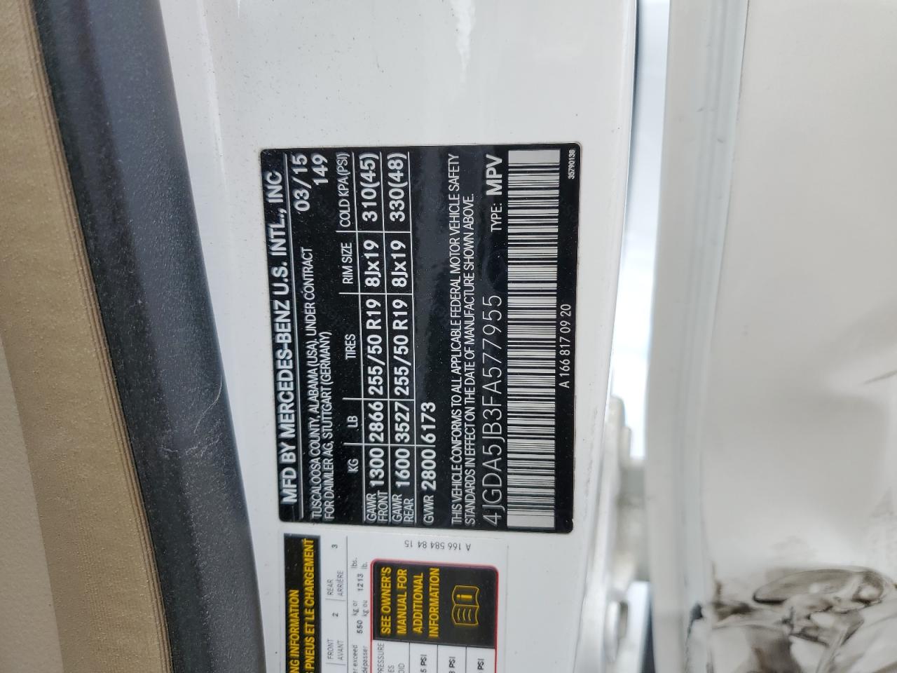 2015 Mercedes-Benz Ml 350 VIN: 4JGDA5JB3FA577955 Lot: 63676655
