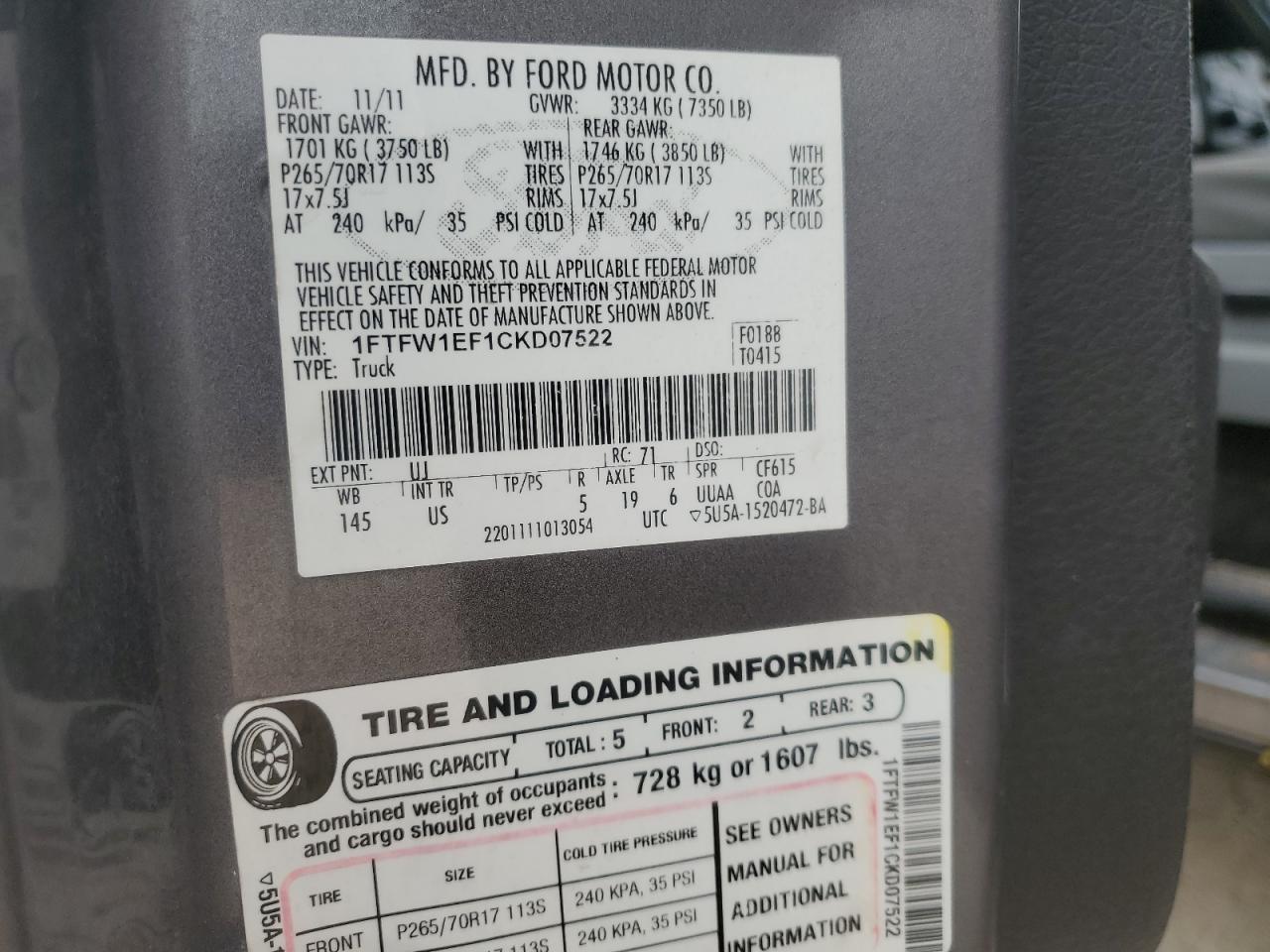 2012 Ford F150 Supercrew VIN: 1FTFW1EF1CKD07522 Lot: 66863885
