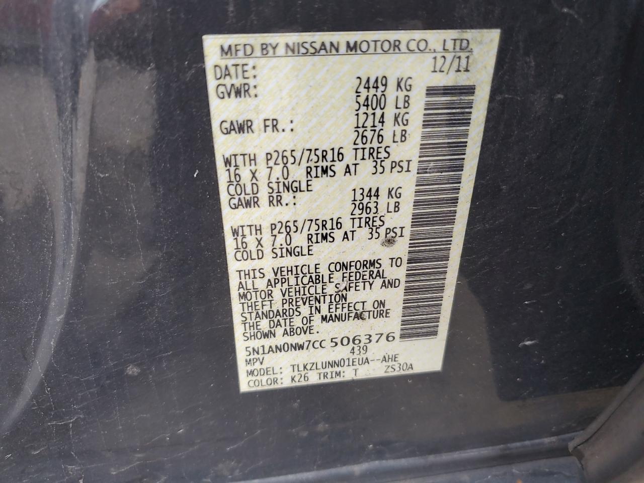 2012 Nissan Xterra Off Road VIN: 5N1AN0NW7CC506376 Lot: 64021965