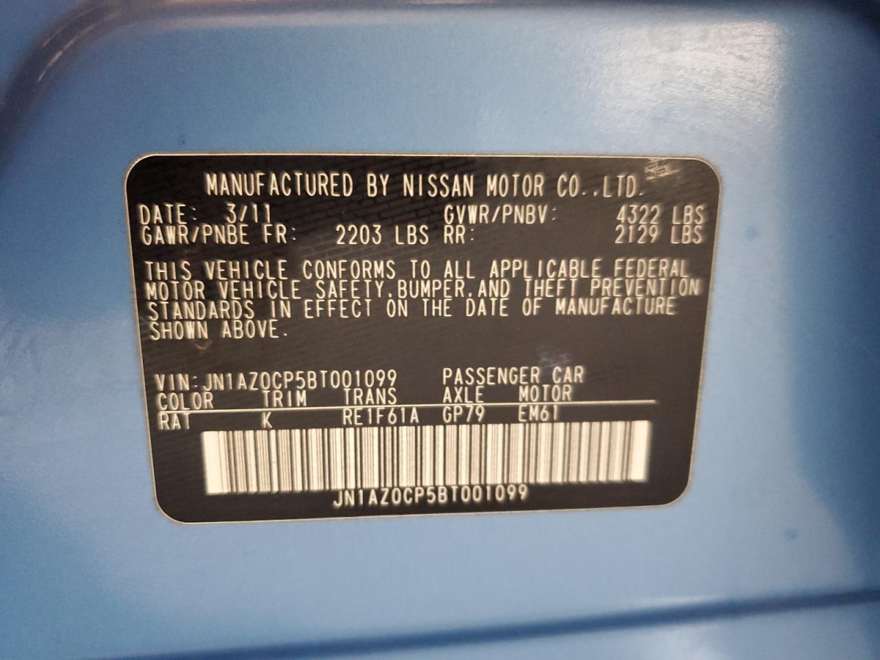 2011 Nissan Leaf Sv VIN: JN1AZ0CP5BT001099 Lot: 63835595