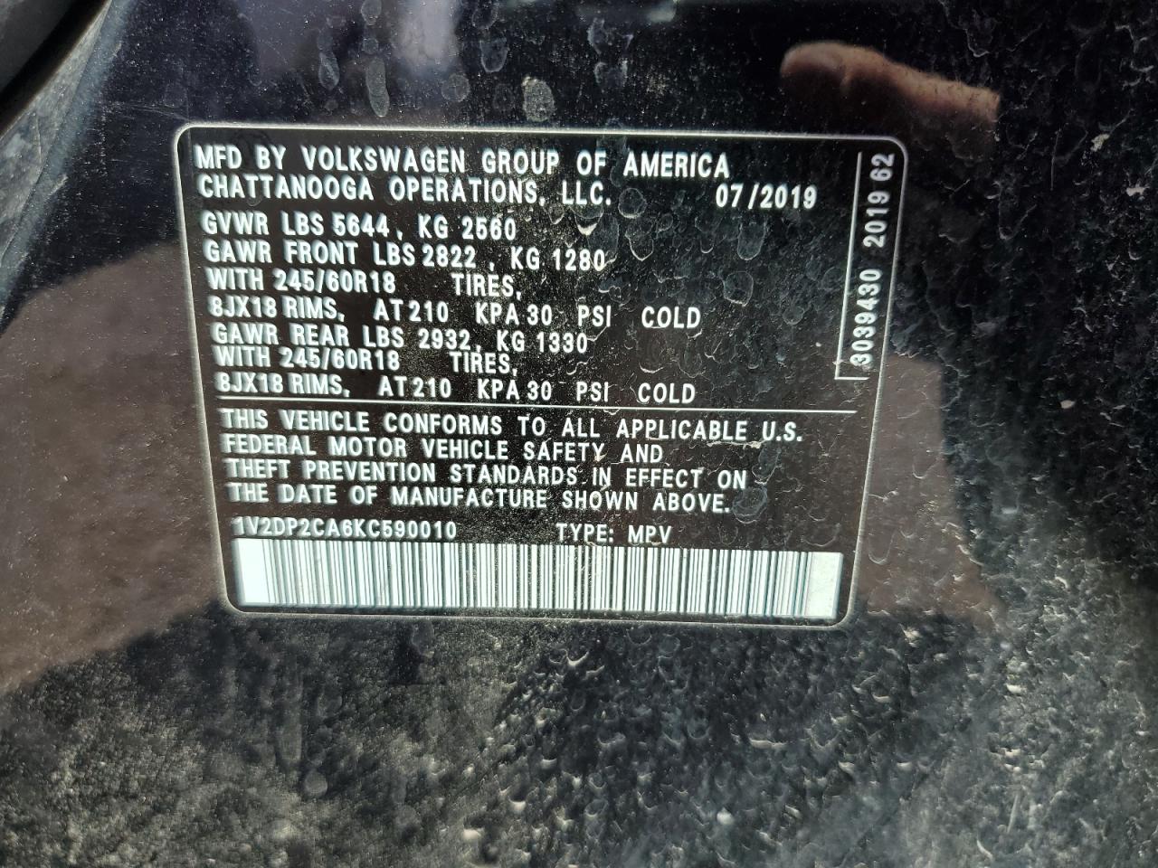 1v2dp2ca6kc590010 1V2DP2CA6KC590010 2019 Volkswagen Atlas Se