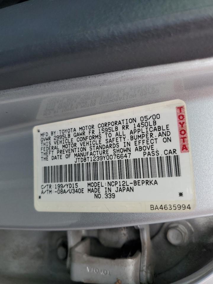 2000 Toyota Echo VIN: JTDBT1239Y0076647 Lot: 65616395