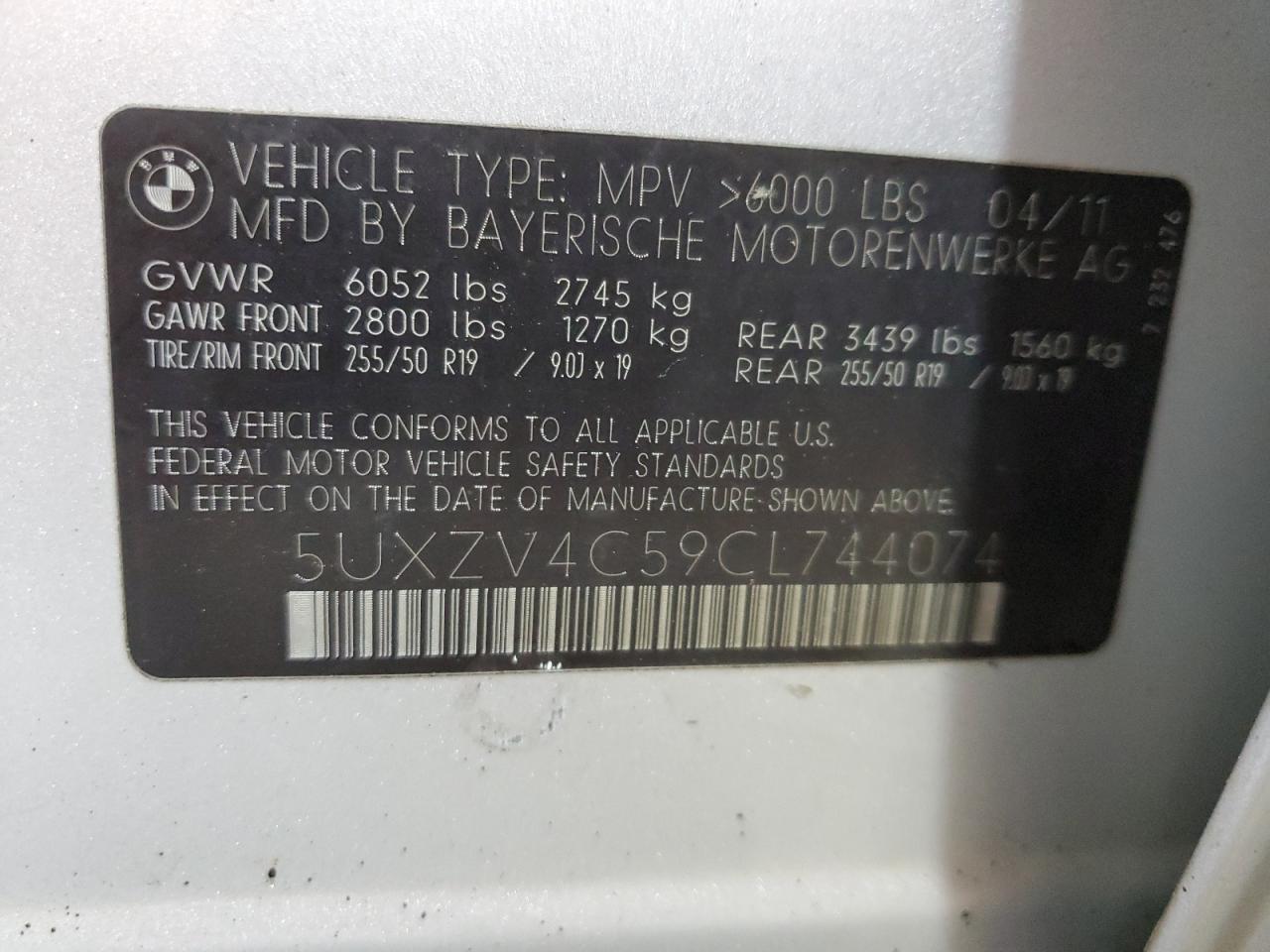 2012 BMW X5 xDrive35I VIN: 5UXZV4C59CL744074 Lot: 64675085