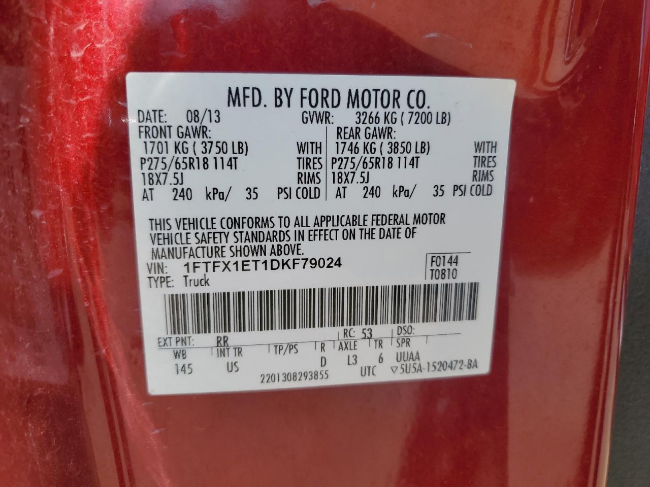 2013 Ford F150 Super Cab VIN: 1FTFX1ET1DKF79024 Lot: 63801025