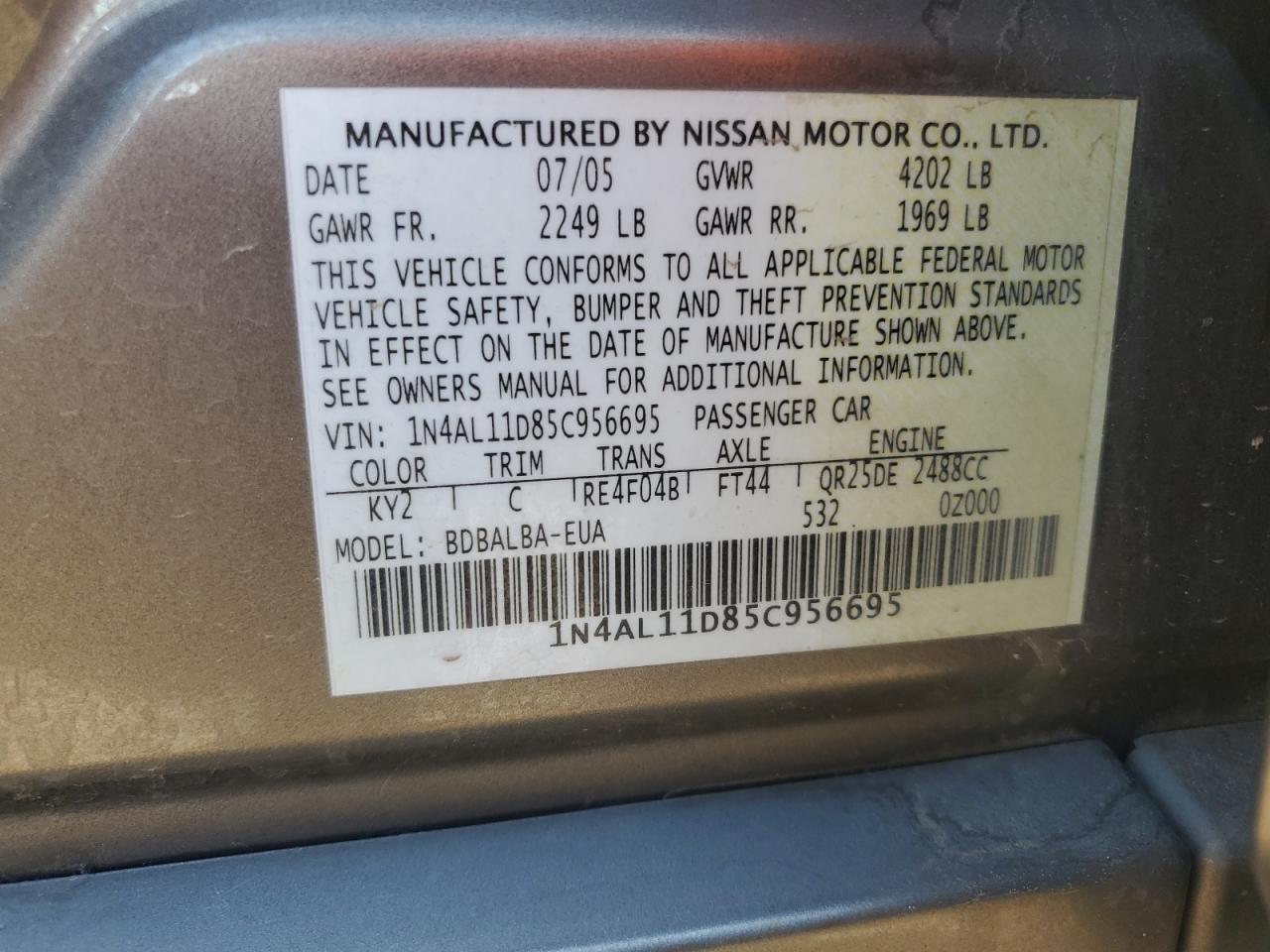 2005 Nissan Altima S VIN: 1N4AL11D85C956695 Lot: 63204395