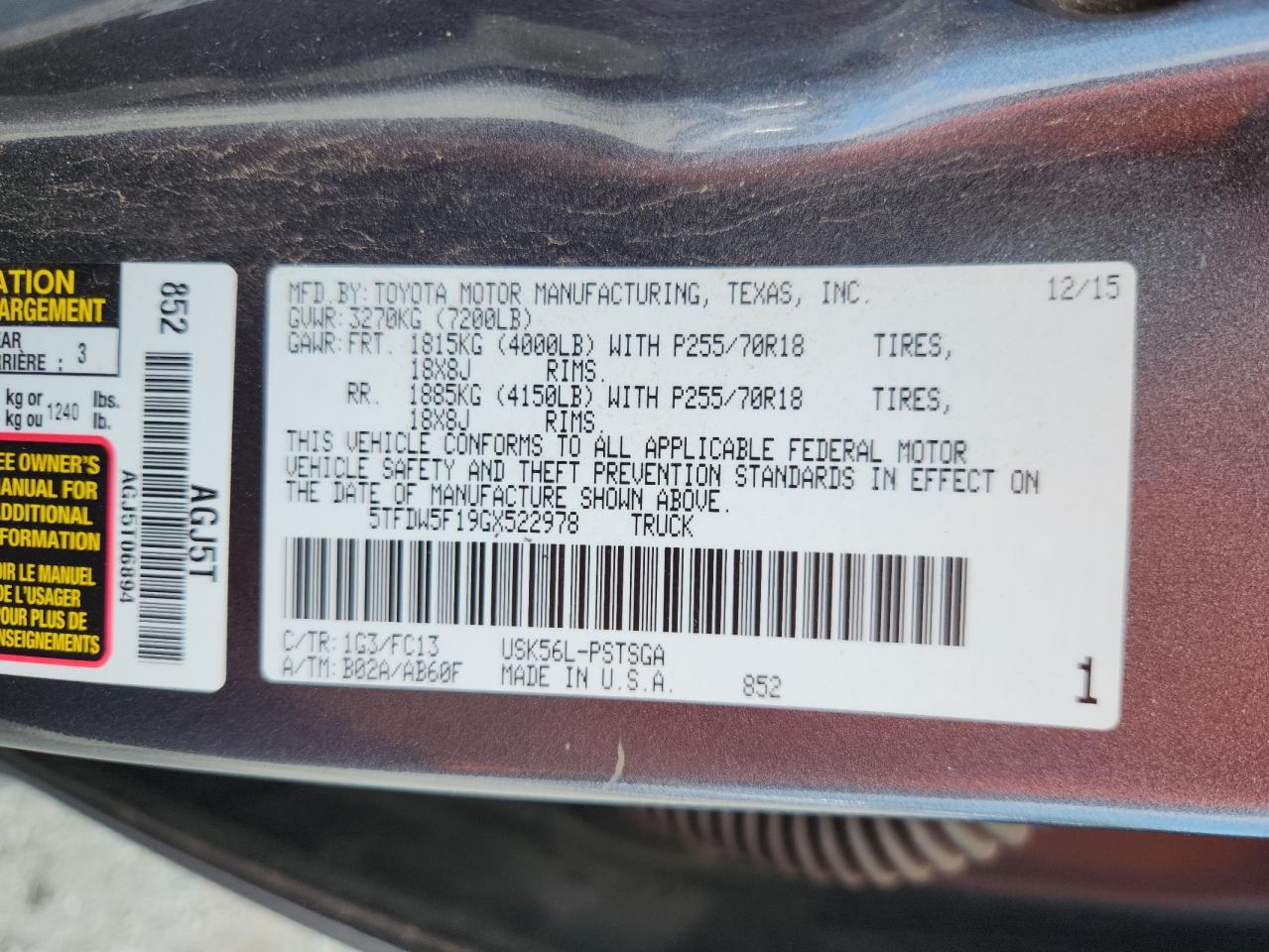 2016 Toyota Tundra Crewmax Sr5 VIN: 5TFDW5F19GX522978 Lot: 64007805
