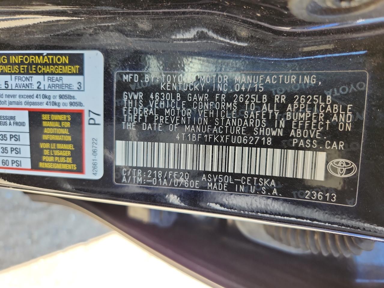 2015 Toyota Camry Le VIN: 4T1BF1FKXFU062718 Lot: 65371125
