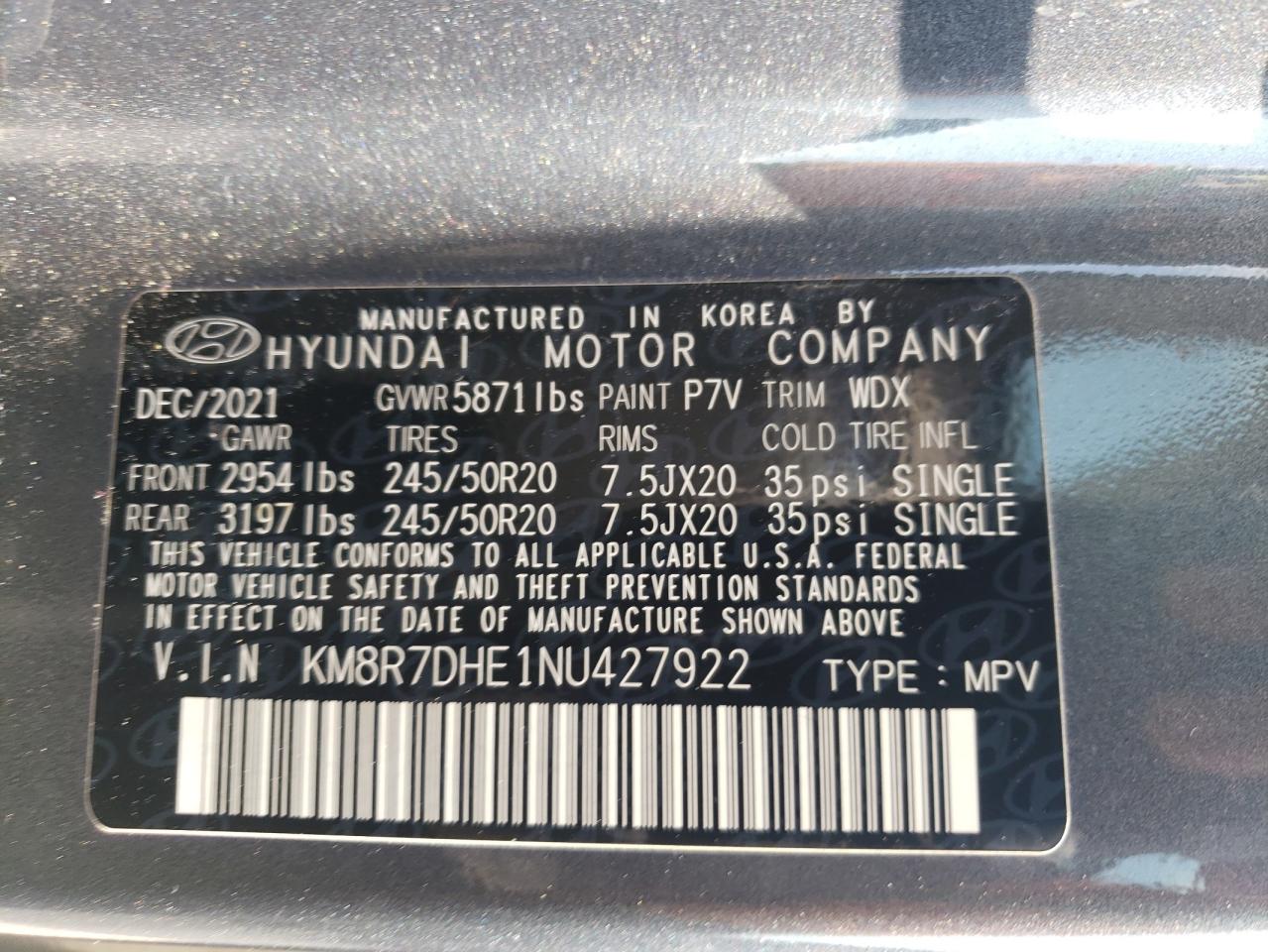 2022 Hyundai Palisade Calligraphy VIN: KM8R7DHE1NU427922 Lot: 64484925