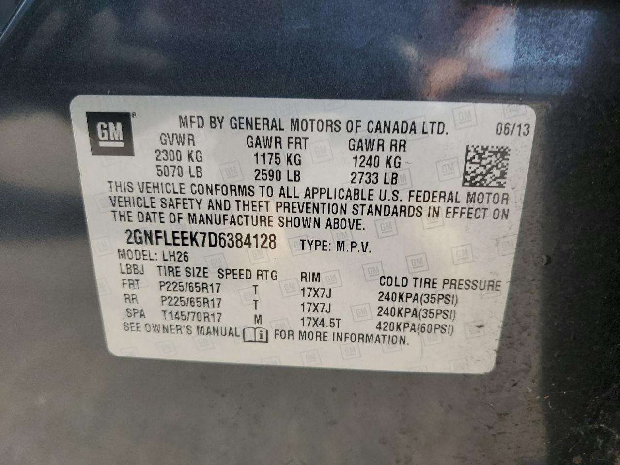 2013 Chevrolet Equinox Lt VIN: 2GNFLEEK7D6384128 Lot: 64562085