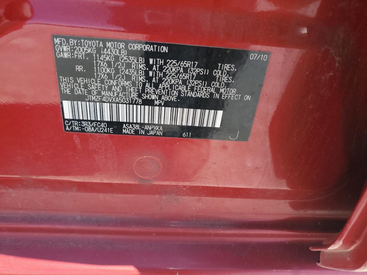 2010 Toyota Rav4 VIN: JTMZF4DVXA5031778 Lot: 66549505