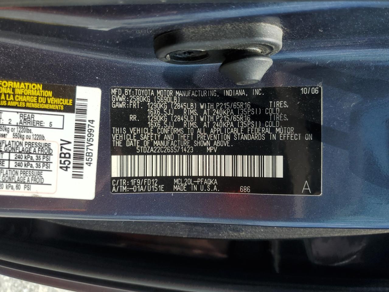 2006 Toyota Sienna Xle VIN: 5TDZA22C26S571423 Lot: 64885395