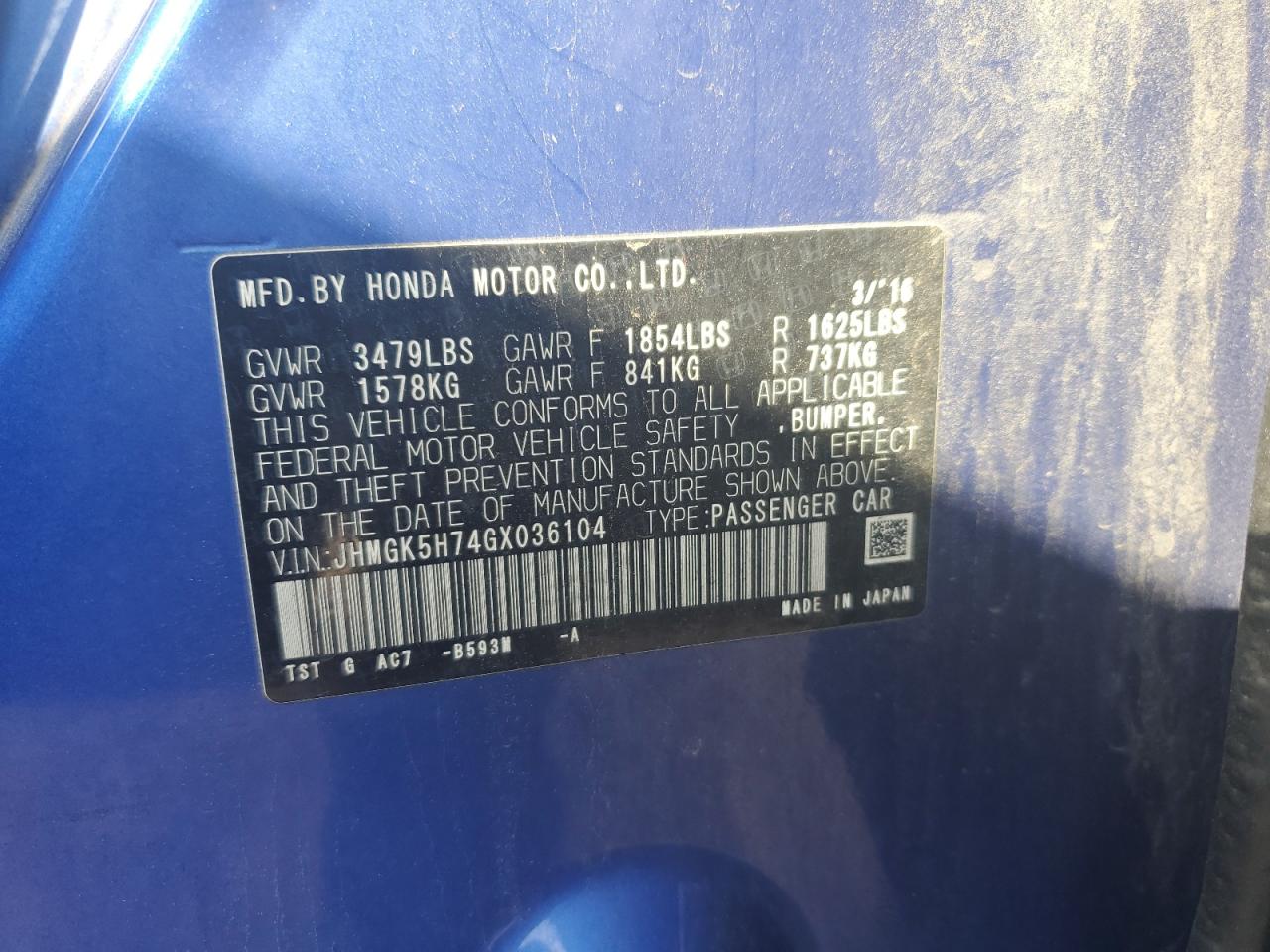 2016 Honda Fit Ex VIN: JHMGK5H74GX036104 Lot: 63033165