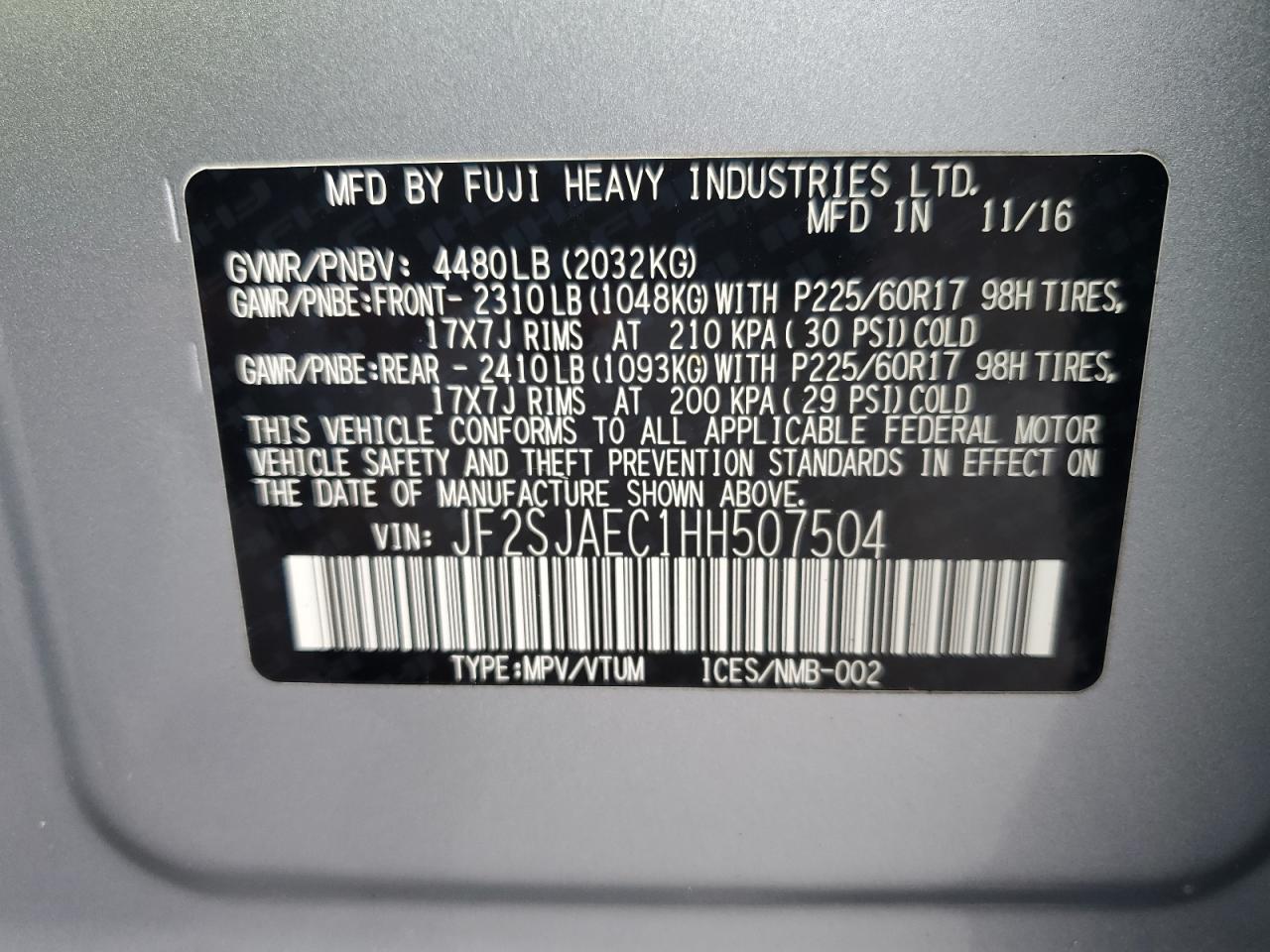 2017 Subaru Forester 2.5I Premium VIN: JF2SJAEC1HH507504 Lot: 65482055