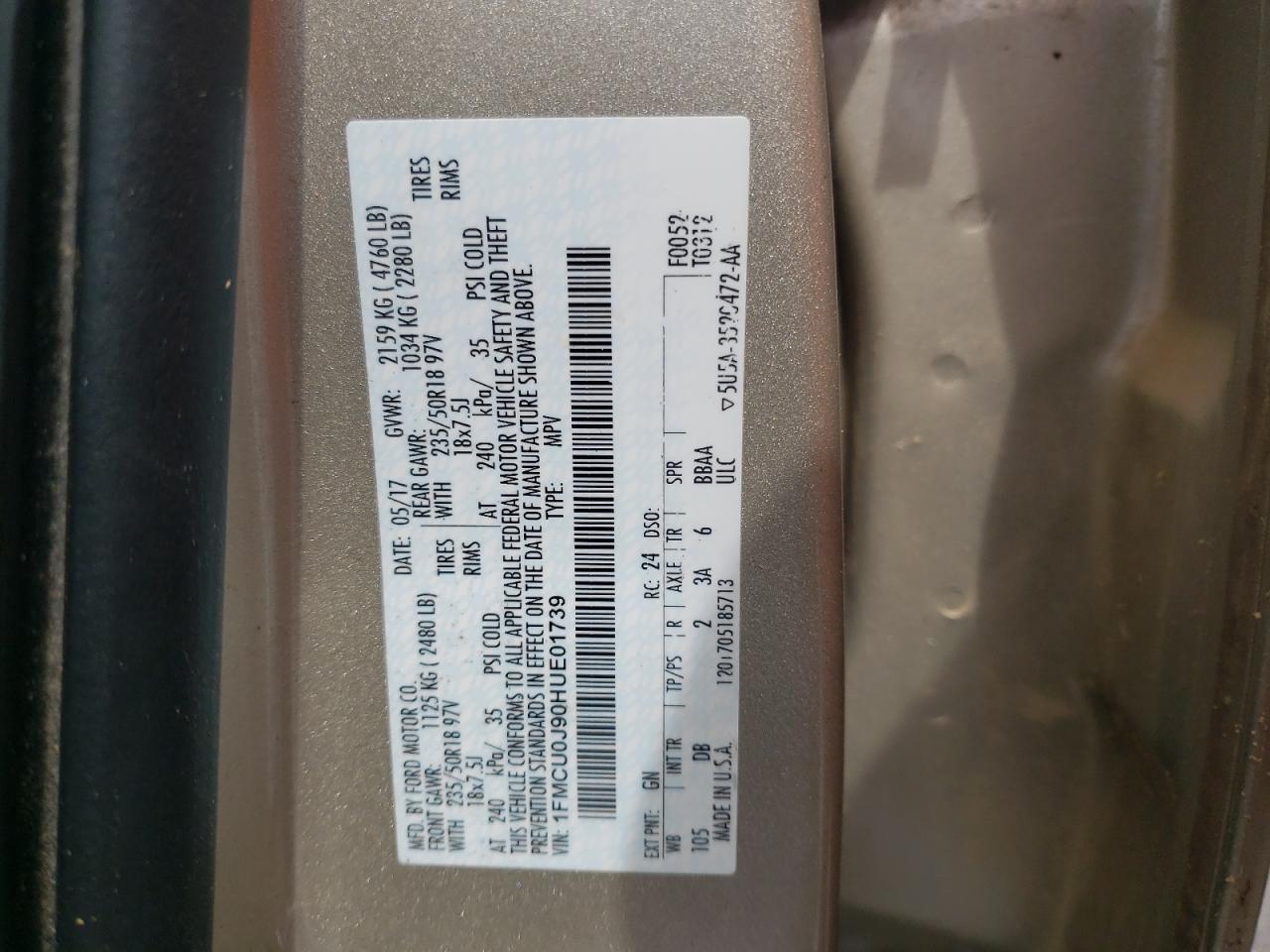 2017 Ford Escape Titanium VIN: 1FMCU0J90HUE01739 Lot: 65637875