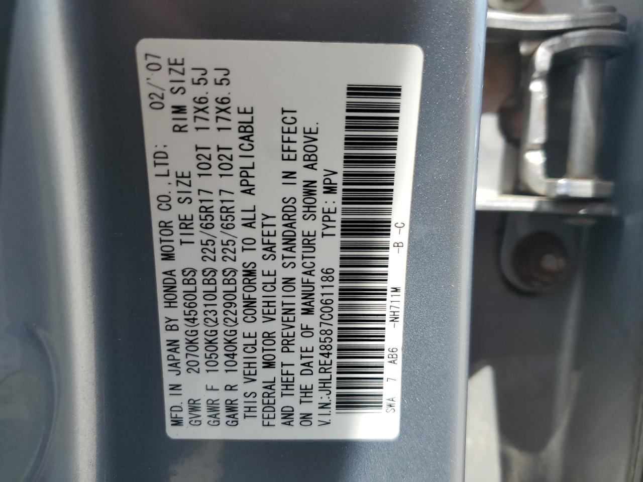 2007 Honda Cr-V Ex VIN: JHLRE48587C061186 Lot: 65181765