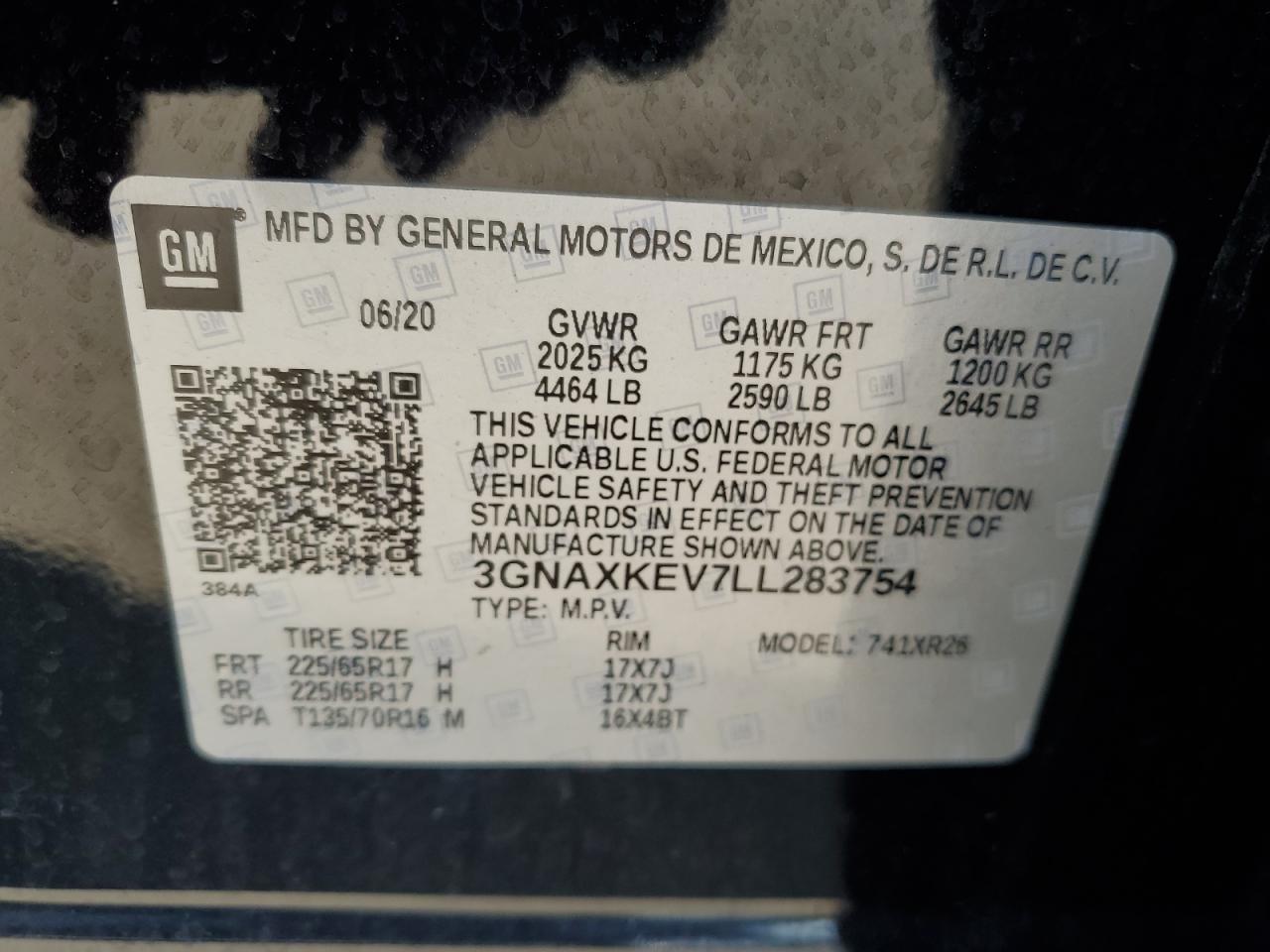 2020 Chevrolet Equinox Lt VIN: 3GNAXKEV7LL283754 Lot: 65404325