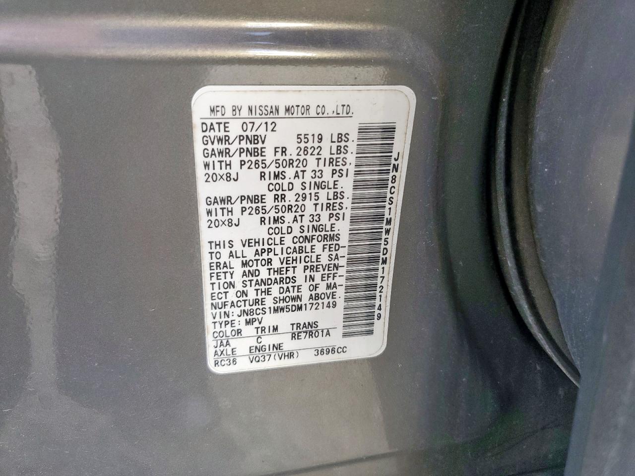 2013 Infiniti Fx37 VIN: JN8CS1MW5DM172149 Lot: 62589785