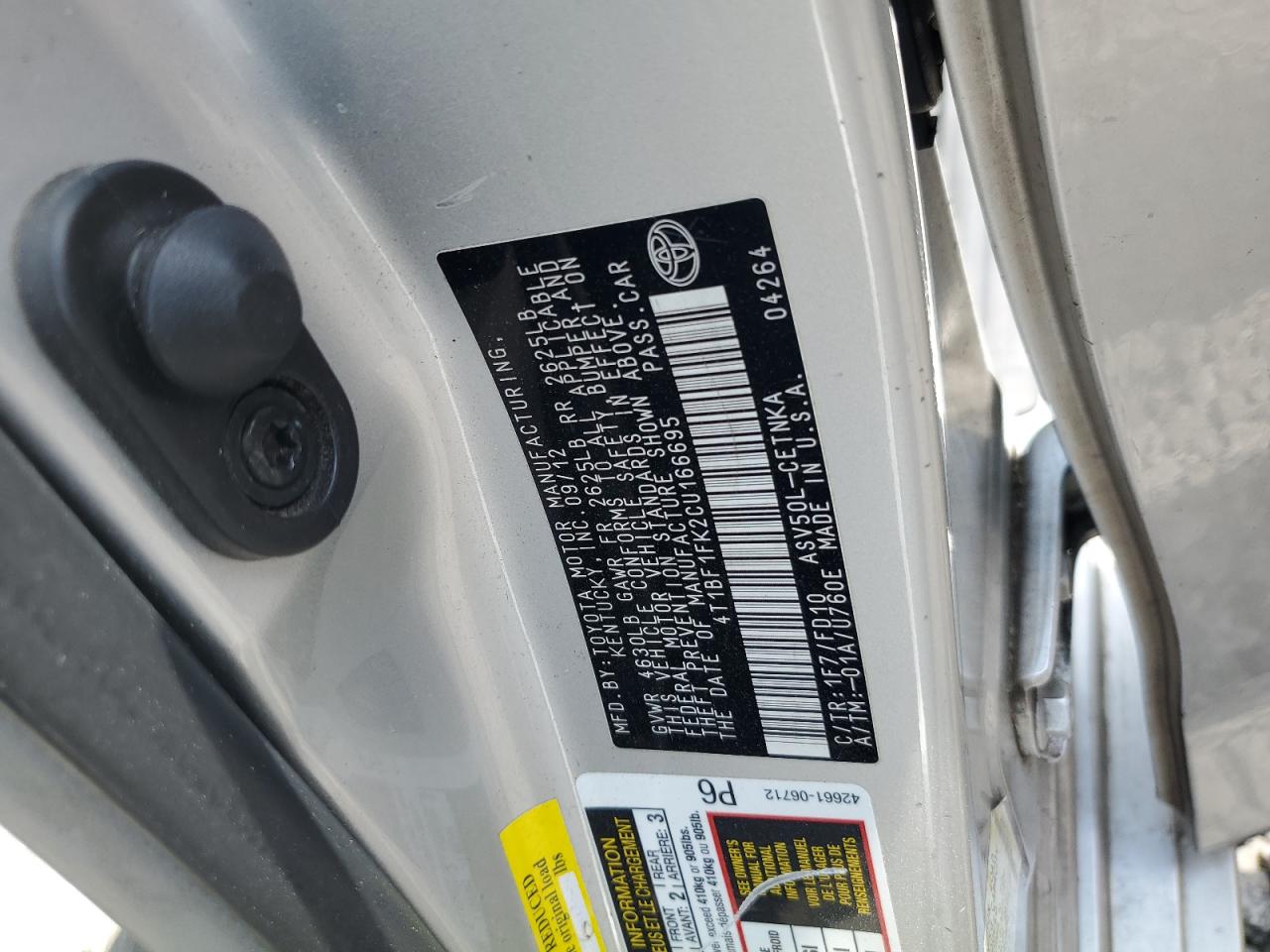 2012 Toyota Camry Base VIN: 4T1BF1FK2CU166695 Lot: 64790255