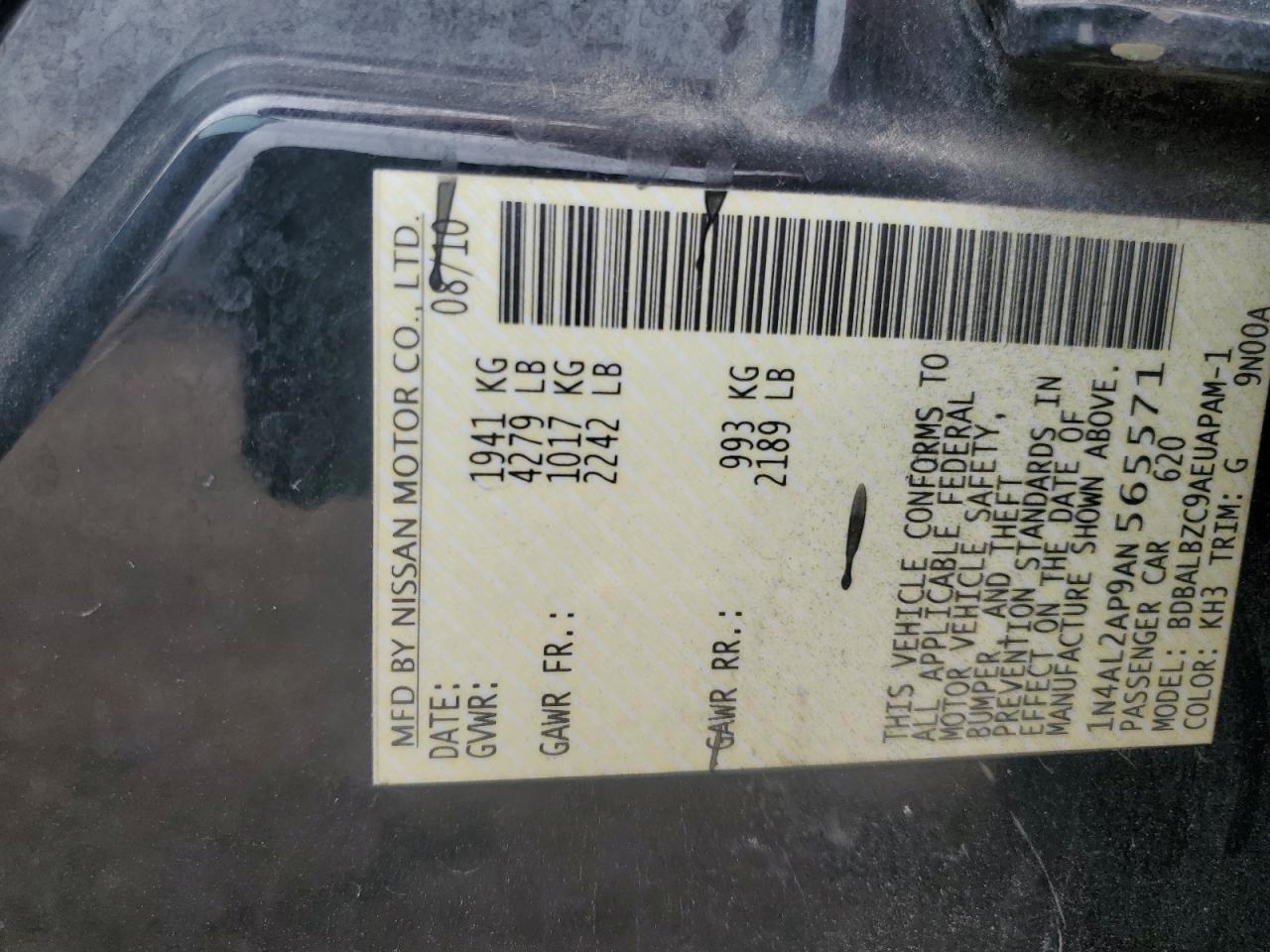2010 Nissan Altima Base VIN: 1N4AL2AP9AN565571 Lot: 64116795