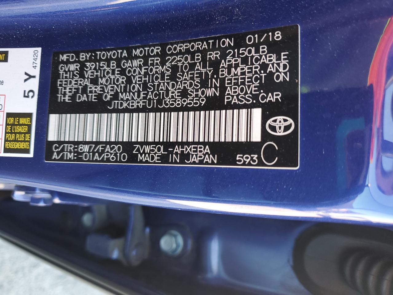 2018 Toyota Prius VIN: JTDKBRFU1J3589559 Lot: 64069595