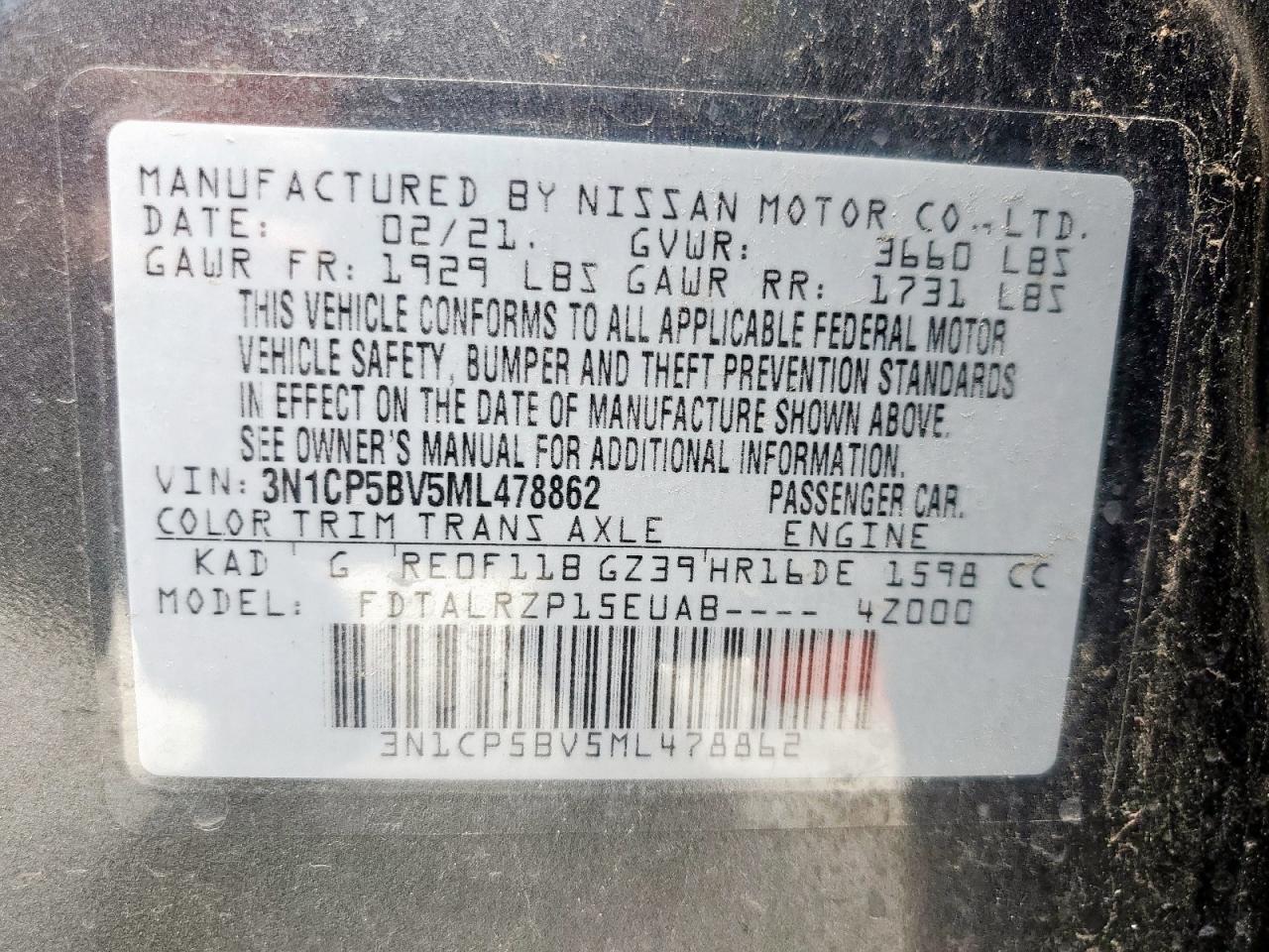 2021 Nissan Kicks S VIN: 3N1CP5BV5ML478862 Lot: 65153375