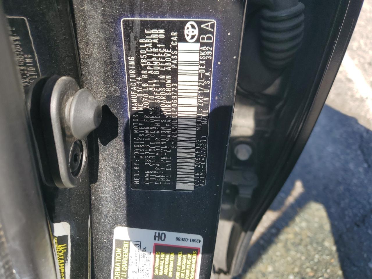 2014 Toyota Corolla L VIN: 5YFBURHE0EP069723 Lot: 67147925