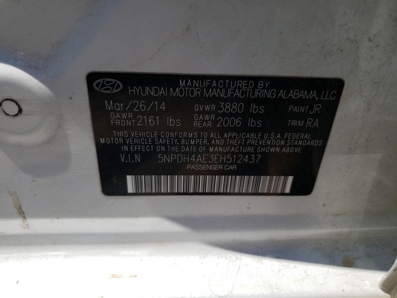 2014 Hyundai Elantra Se VIN: 5NPDH4AE3EH512437 Lot: 62657935